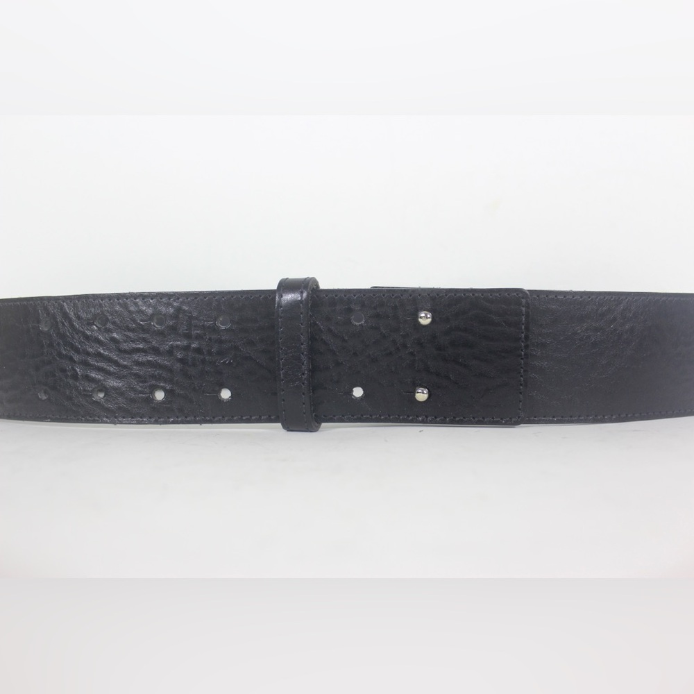Italian Wide Black Leather Belt Large Flat Front No Buckle Buckleless